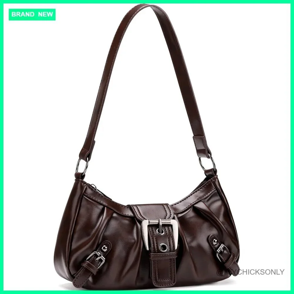 Vegan Leather Hobo Shoulder Bag with Zipper and Buckle Closure
